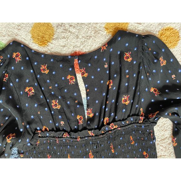 Free People Two Faces Black Smocked Mini Dress Boho Floral Romantic Size S - Picture 7 of 7